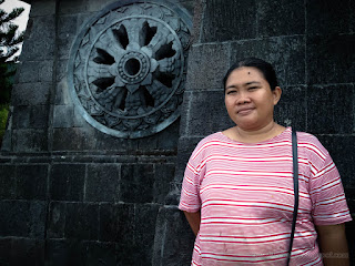 Peaceful Face Woman Traveler Enjoy A Holiday In The Building Wall Of Buddhist Monastery North Bali Indonesia