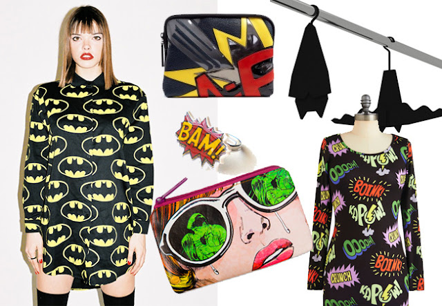comic book inspired fashion, batman shirt, comic word dress