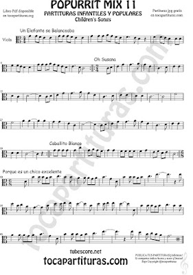   Viola Partitura de Un elefante se balanceaba, Oh Susana, Es un chico excelente y Caballito Blanco infantil Popurrí Mix 11 Sheet Music for Viola Music Score
