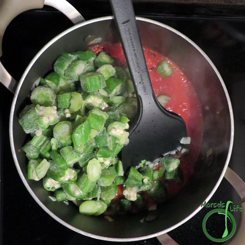 Morsels of Life - Spanish Okra Step 2 - Combine all materials, and cook until okra heated through and onion cooked.