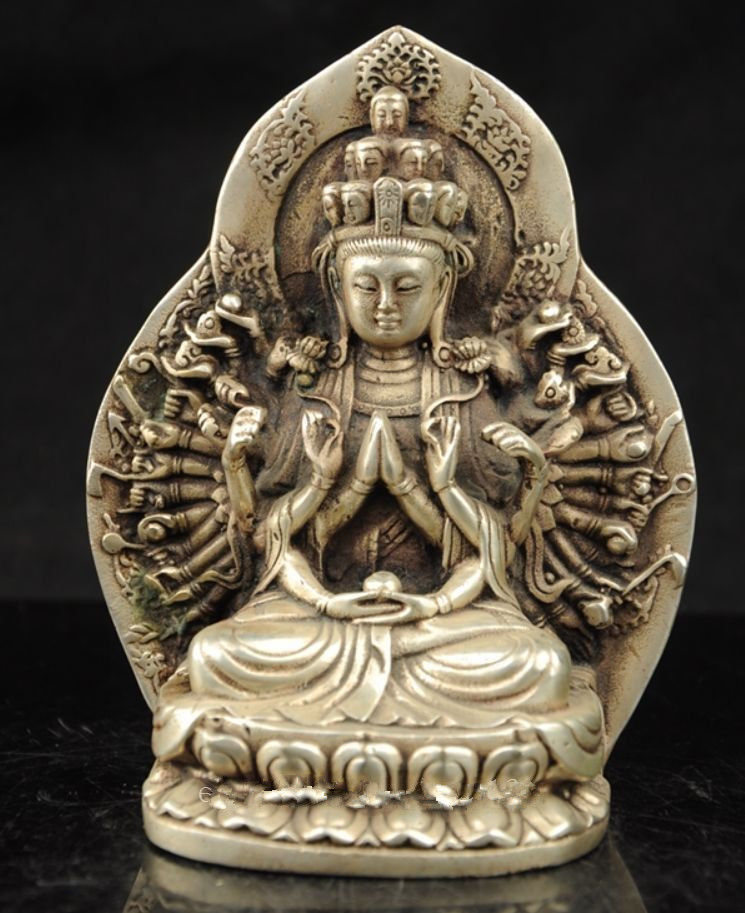 Tibet Buddhism fane Silver 1000 arm Chinese Goddess of Mercy Kwan-Yin Bodhisattva Buddha Statue