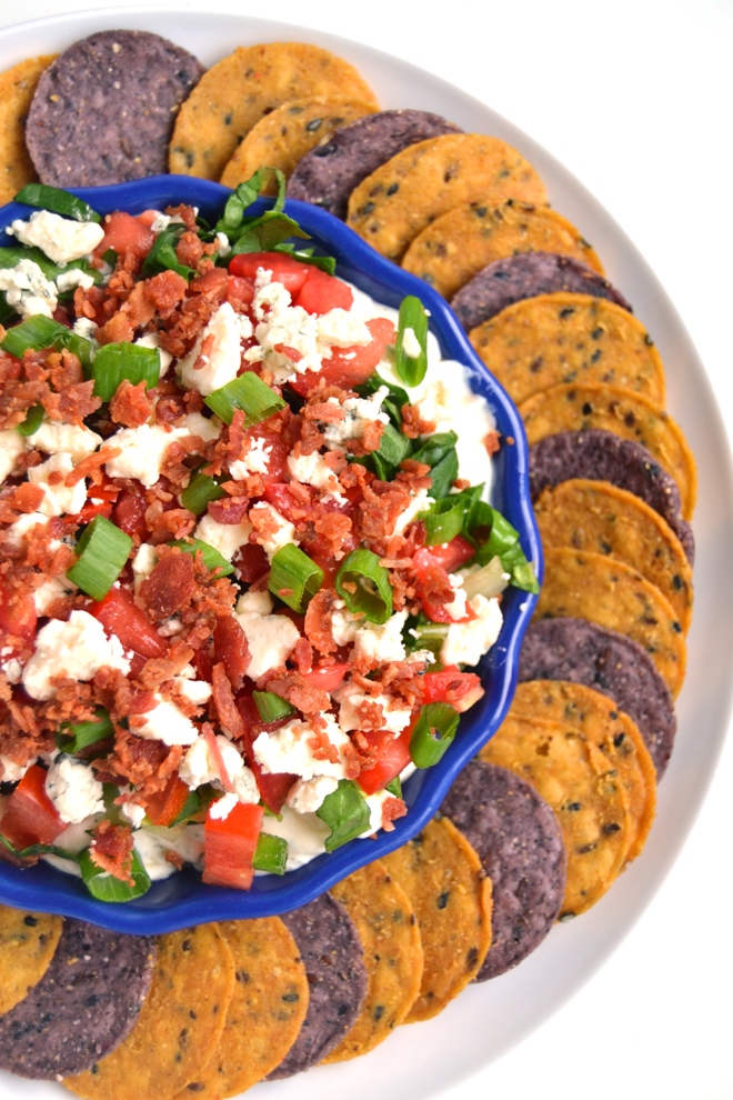 Wedge Salad Dip is the perfect party appetizer filled with crumbled blue cheese, romaine lettuce, tomatoes, bacon, green onions and a homemade Greek yogurt ranch dip! www.nutritionistreviews.com