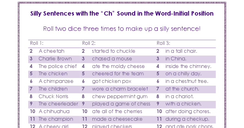 Ms. Lane's SLP Materials: Articulation: Silly Sentences with the "Ch" Sound