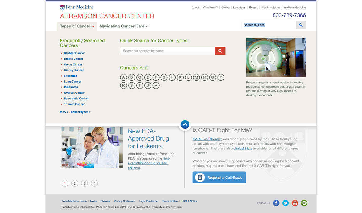 Penn Medicine Abramson Cancer Center's website uses a mega menu to provide quick links to information about their cancer treatment specialties.