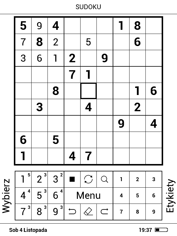 Zrzut ekranu z gry Sudoku na czytniku PocketBook Basic 3