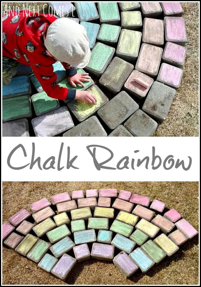 Coloring a chalk rainbow and a water play suggestion from And Next Comes L