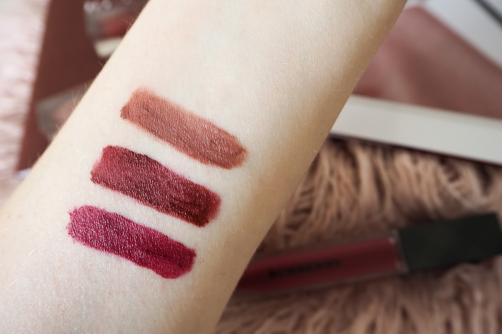 Burberry Lip Velvet Liquid Lipsticks Review and Swatches - Fawn, Bright  Plum and Oxblood | Cherries In The Snow