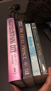 Amazing books with a guest appearance from Pickles's tail lol... Daughter of the Burning City, The Cruel Prince, American Panda and The Iron Trial.