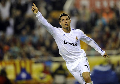 Cristiano Ronaldo celebrates a goal with Real Madrid jersey