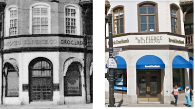 Corner entrance to the S.S. Pierce Building in 1906 and 2017.
