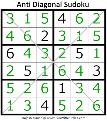 Answer of Anti Diagonal Sudoku Puzzle (Mini Sudoku Series #111)