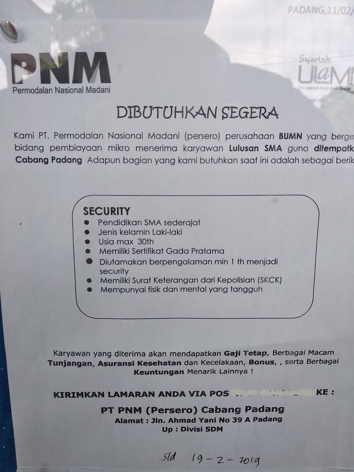 Lowongan Kerja Pnm Cabang Padang Security Adsanjaya
