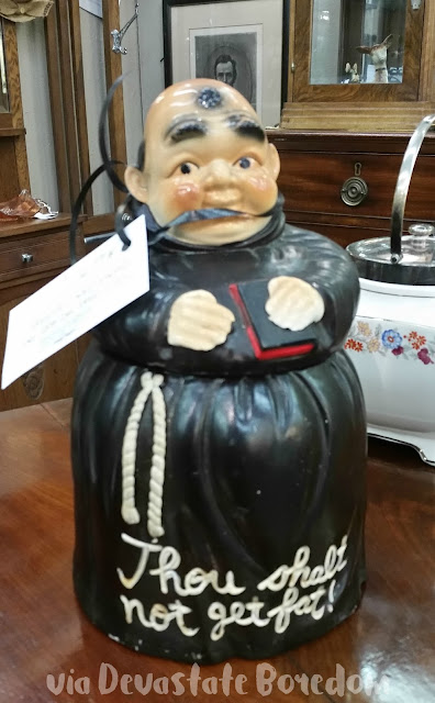 Retro chiding monk cookie jar --"Don't Get Fat!" -- hypocritical much, Monk? -- Funny, weird, bizarre, and hilarious -- I've seen lots of crazy things in Dallas TX, and I've got photos to prove it!  Explore a thrift store / antique shop with me, and see all the strange stuff formerly lurking in Texans' closets and attics!  via Devastate Boredom