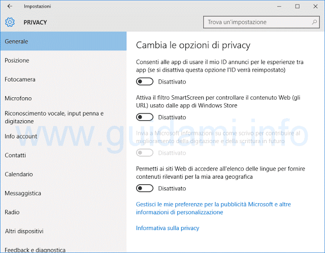 Impostazioni generali sulla Privacy Windows 10