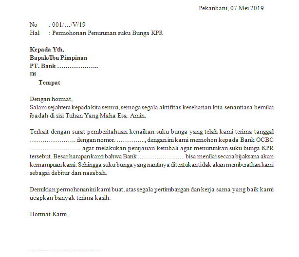 Contoh Surat Permohonan Keringanan Bunga Kpr Terbaru