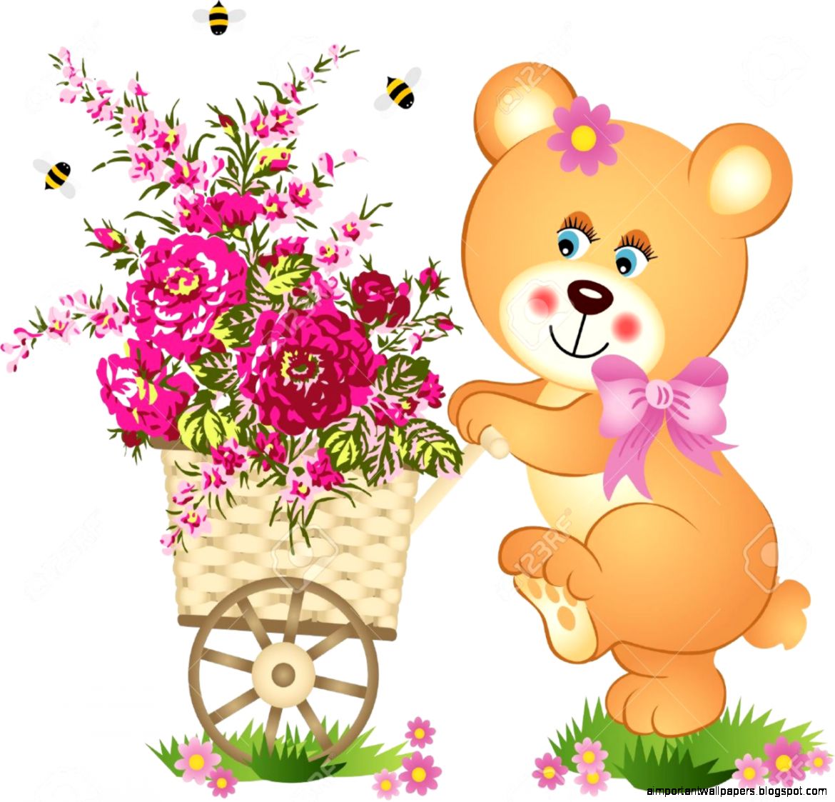 Teddy Bear Pushing A Cart Of Flowers Royalty Free Cliparts