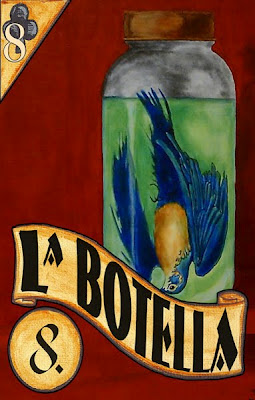 There is no tarot card similar to The Bottle.  This work was painted with acrylic on canvas by Ted Puffer based of a James Blaylock story.