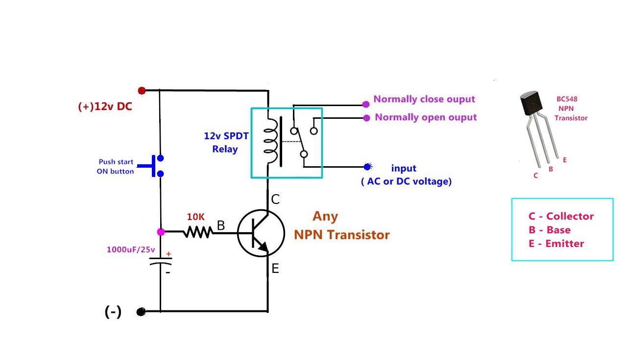 Relay OFF Time delay timer by using NPN Transistor and Capacitor