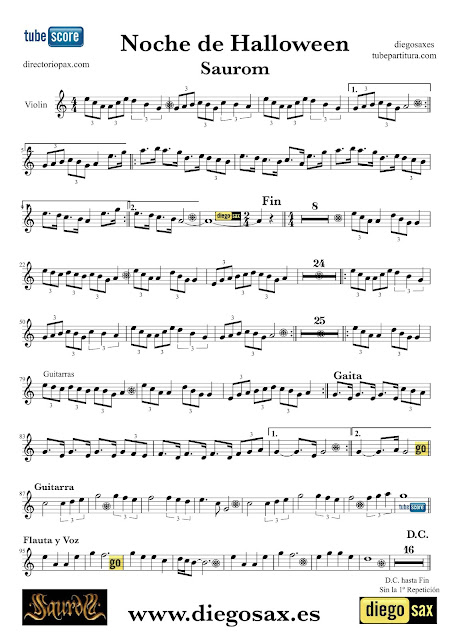 Partitura de Noche de Halloween para Violín de Saurom Sheets Music Violin Music Scores Halloween Night by Saurom