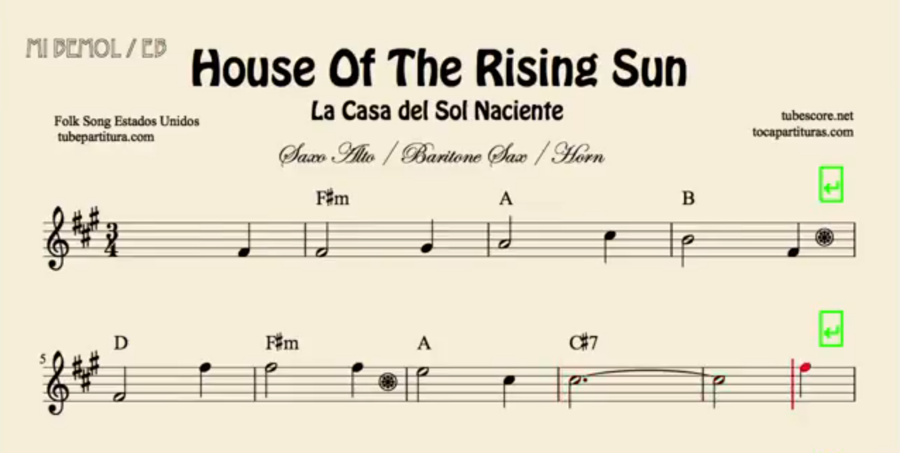 La Casa del Sol Naciente Partitura de Flauta, Violín, Saxofón Alto, Trompeta, Viola, Oboe, Clarinete, Saxo Tenor, Soprano Sax, Trombón, Fliscorno, chelo, Fagot, Barítono, Bombardino, Trompa o corno, Tuba... Sheets House of the Rising Sun