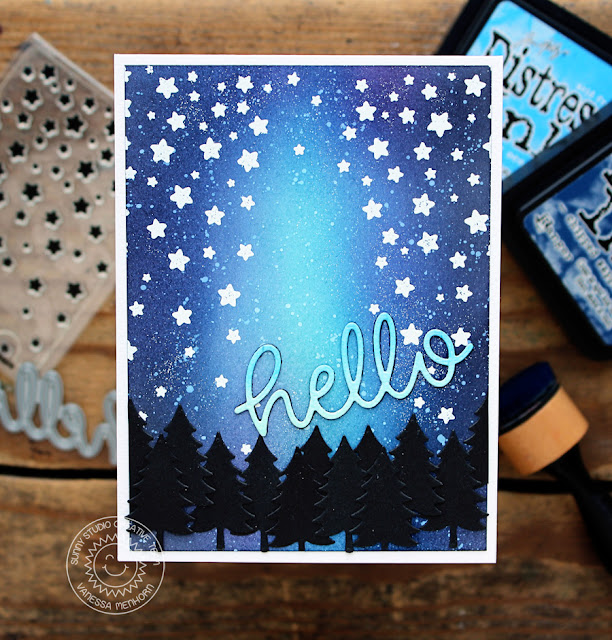 Sunny Studio Stamps: Cascading Stars Night Sky Hello Card by Vanessa Menhorn