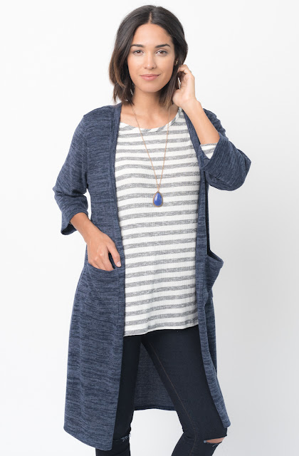 Shop for 3/4 Sleeves navy blue Front Pockets Maxi Cardigan Online - $30 - on caralase.com