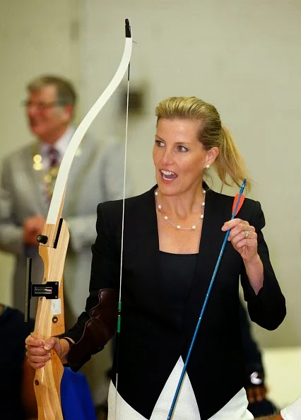 Sophie, Countess of Wessex tries her hand at archery during a visit to WheelPower at the Stoke Mandeville Stadium 
