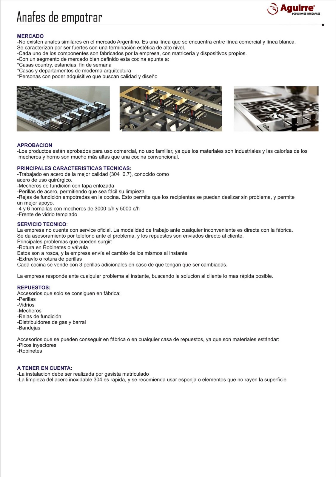 Aguirre Soluciones Integrales: Cocinas y anafes caracteristicas