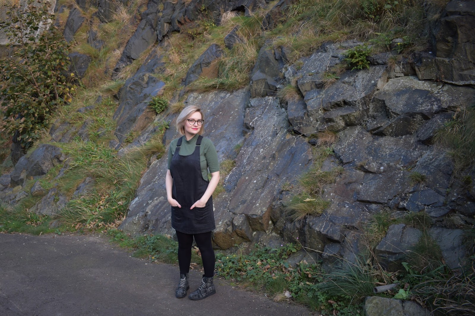 Dr Martens Newton reflective boots, Scottish winter style, Halloween collection, denim pinafore trend, Scottish style blogger, UK fashion trends, dressing for cold weather in Scotland,