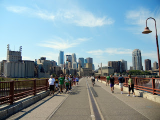 Views of downtown Minneapolis from the Stone Arch Bridge in Minnesota