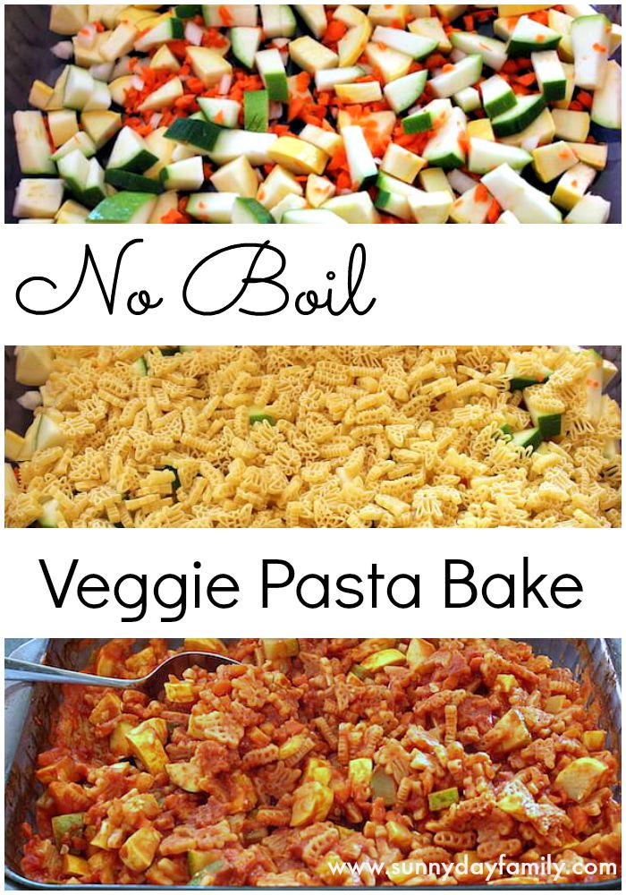 Easy no boil pasta bake with vegetables. One dish recipe for a healthy meal kids will love!