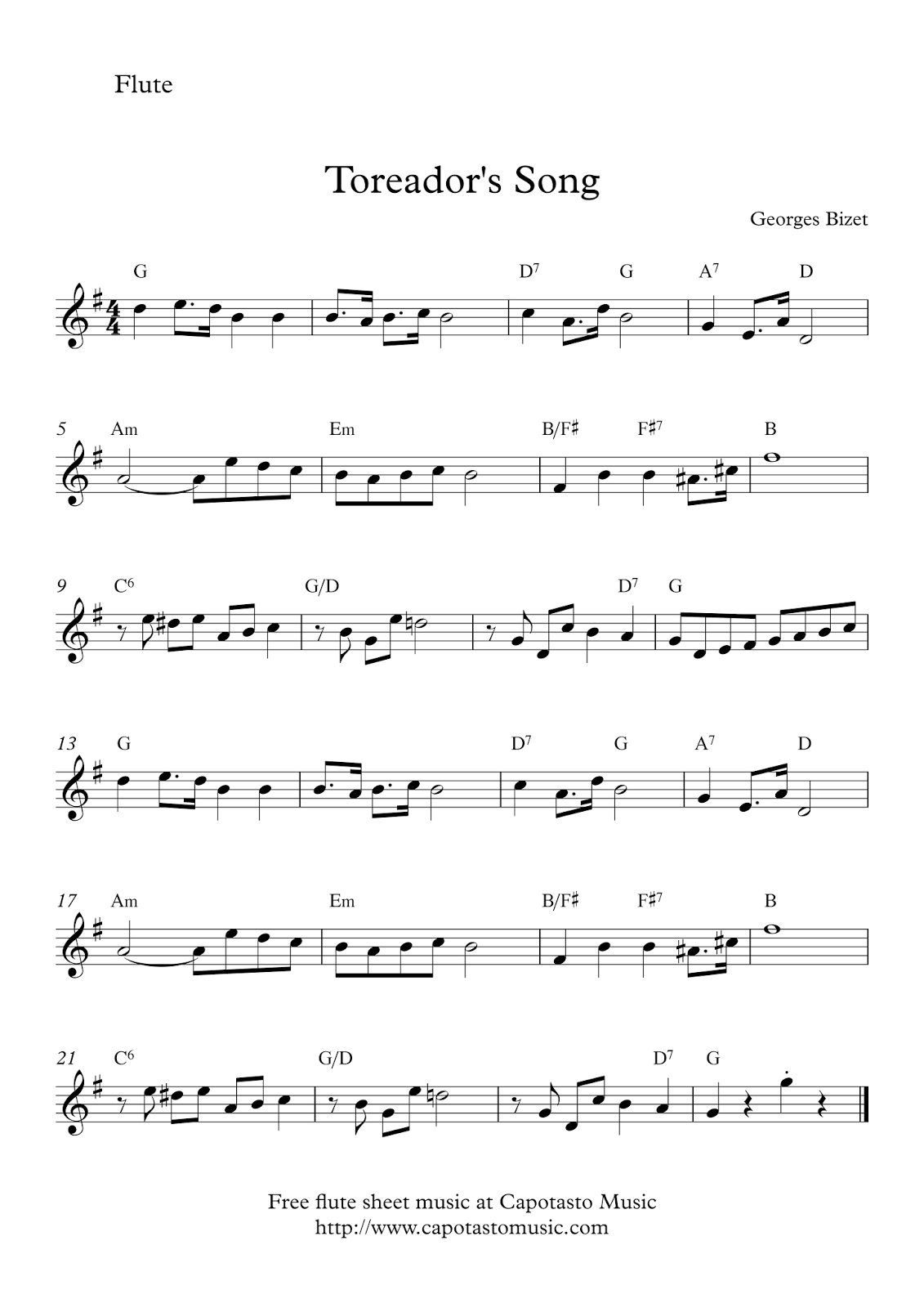 Free Printable Sheet Music Toreador S Song Free Flute Sheet Music