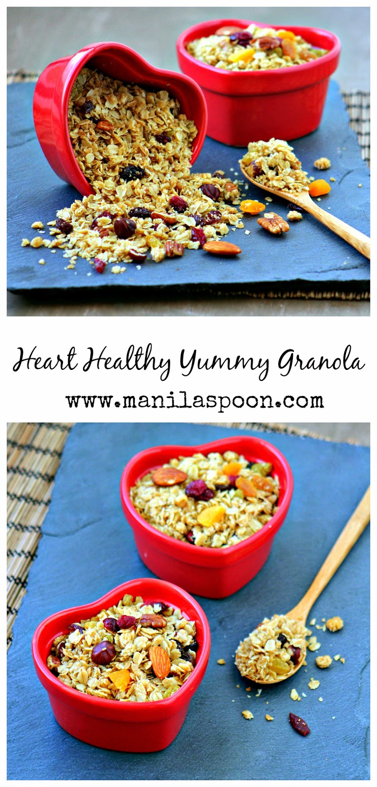 Oatmeal, coconut, pecans and fruits give this heart healthy granola its delicious flavor. Just add milk! #heart #healthy #yummy #granola