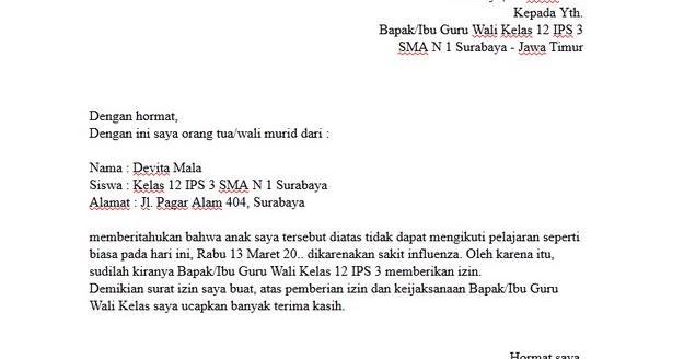 Contoh Surat Izin Sekolah Tidak Masuk Karena Sakit Contohsurat Co