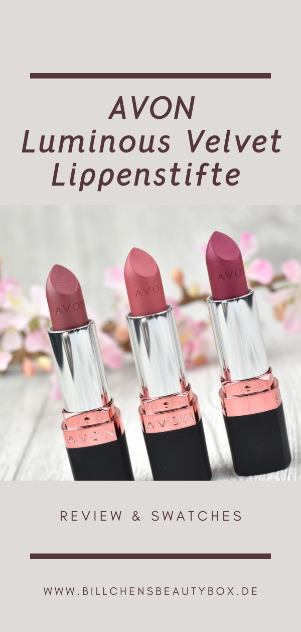 Review, Erfahrung, Swatches, AVON TRUE COLOUR Luminous Velvet Lippenstift Rosy Glow, Chilling Cherry, Glistening Mulberry
