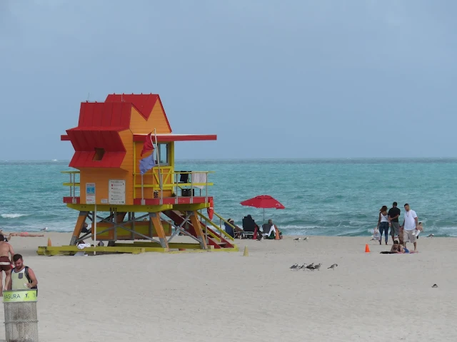 Geometric red and orange lifeguard station on Miami South Beach