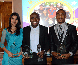 Three of the winners of the 2012 Youth Development Awards: Anoka Primrose Abeyrathne, Asia region; Evans Wadongo, pan-Commonwealth and Africa region; and Kemar Saffrey, Caribbean region.