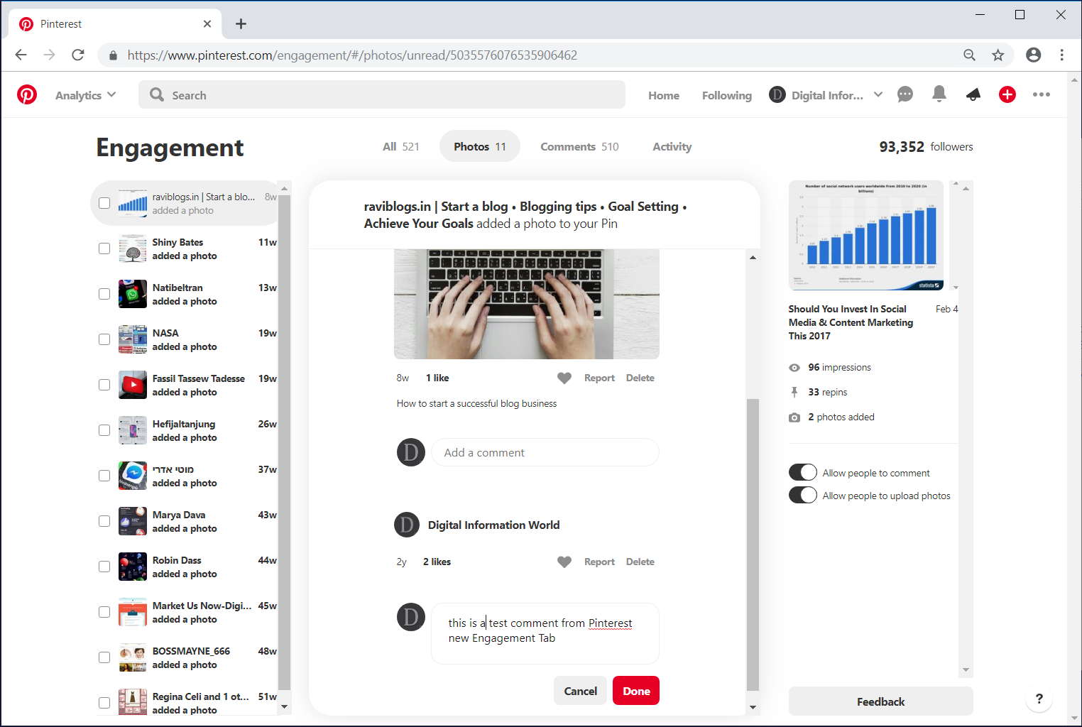 Pinterest Introduces an Engagement Section For Business Accounts