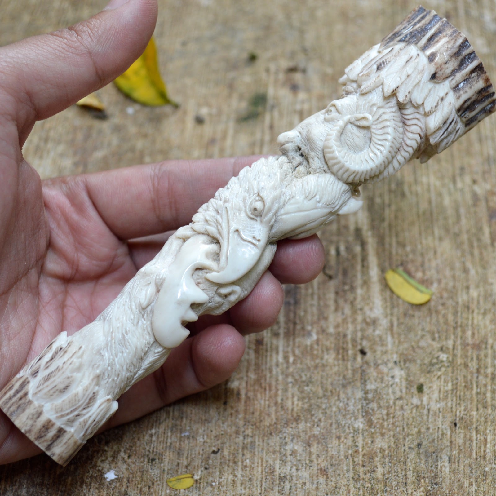 Carved Antler Knife Handle 6" Animals Amulet Carving Eagle Horse Bear