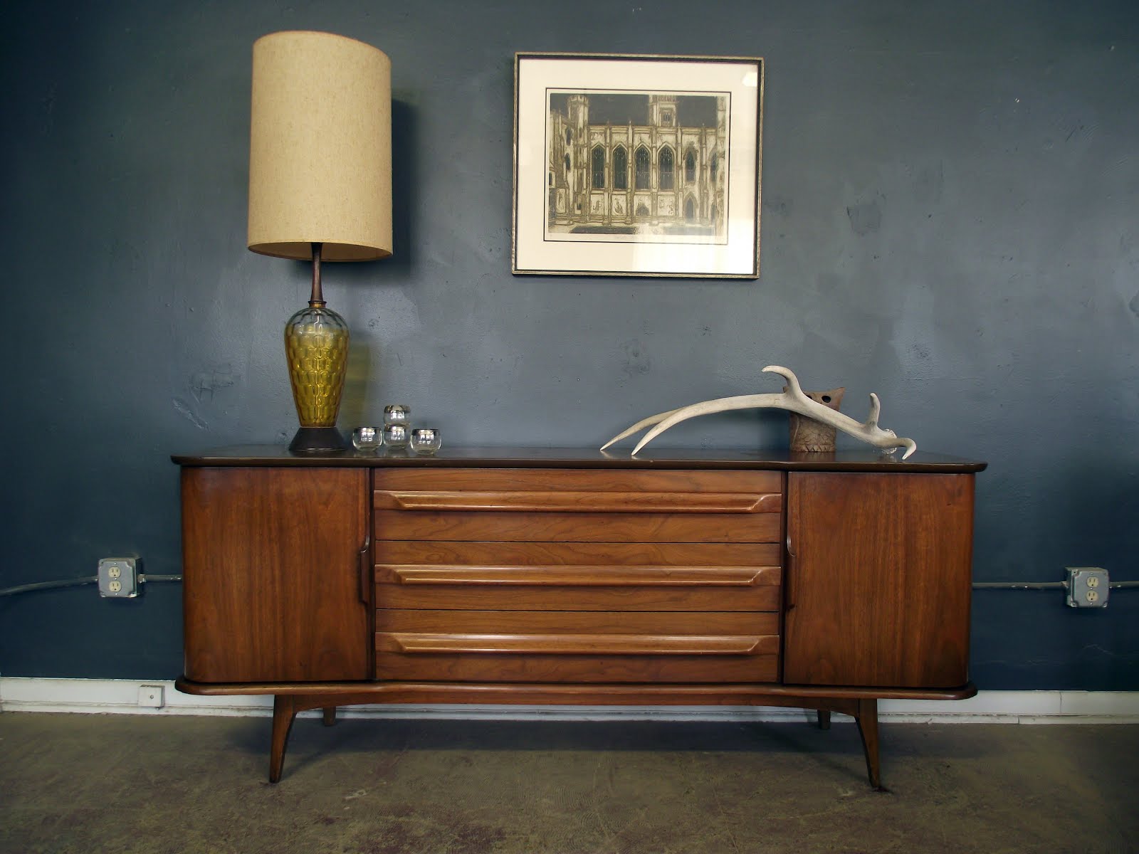 Vintage Ground Mid Century Nine Drawer Curved Buffet / Dresser STUNNING