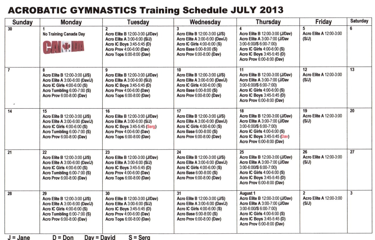 Oakville Gymnastics Club Acrobatic Gymnastics Team July Acro Training