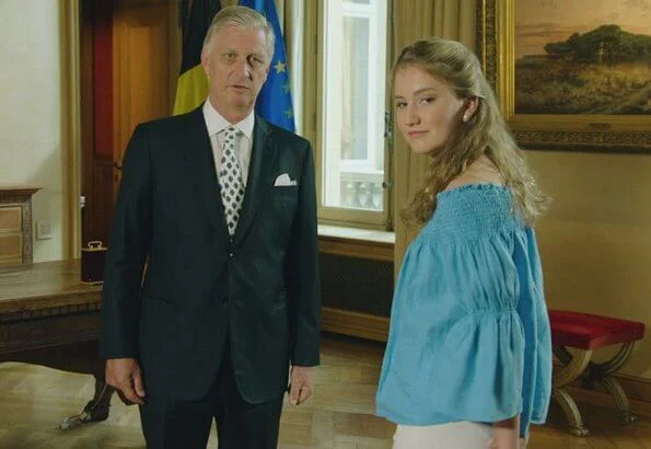 Crown Princess Elisabeth wore Maje Lova Off-the-shoulder Top. Princess Elisabet wore blue blouse by Maje