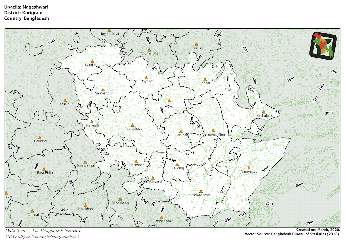 Nageshwari Upazila Elevation Map Kurigram District Bangladesh