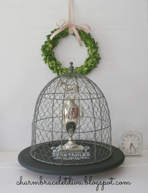 diy painted stenciled farmhouse wire cloche lazy susan