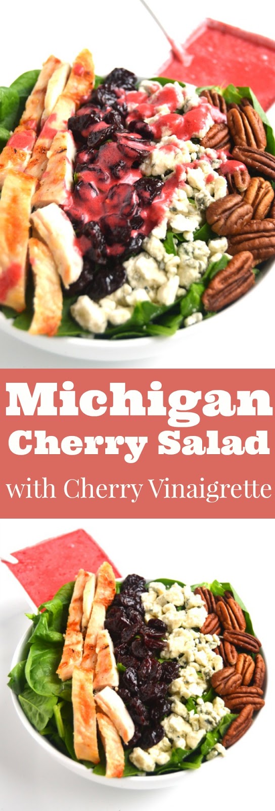 Michigan Cherry Salad with Cherry Vinaigrette is a perfect simple meal with grilled chicken, dried cherries, blue cheese, pecans, spinach and a homemade cherry vinaigrette. www.nutritionistreviews.com