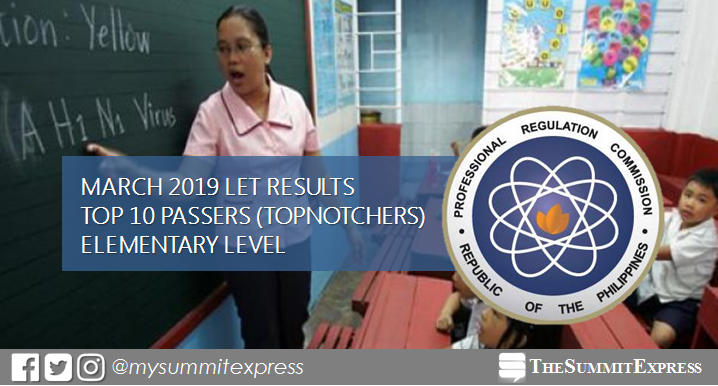 TOP 10 PASSERS ELEMENTARY: March 2019 LET Teachers board exam