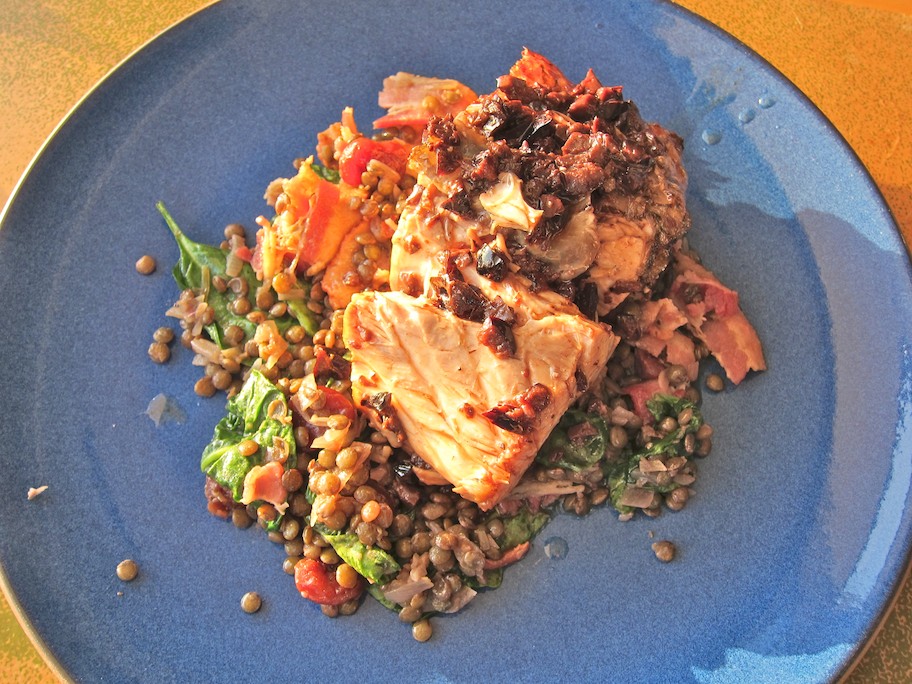 Cliff and Cathy Dinners Lentils and Braised Black Sea Bass with Olives