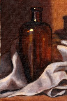 Oil painting of an antique brown glass medicine bottle nestled amongst the folds of a white tea towel.