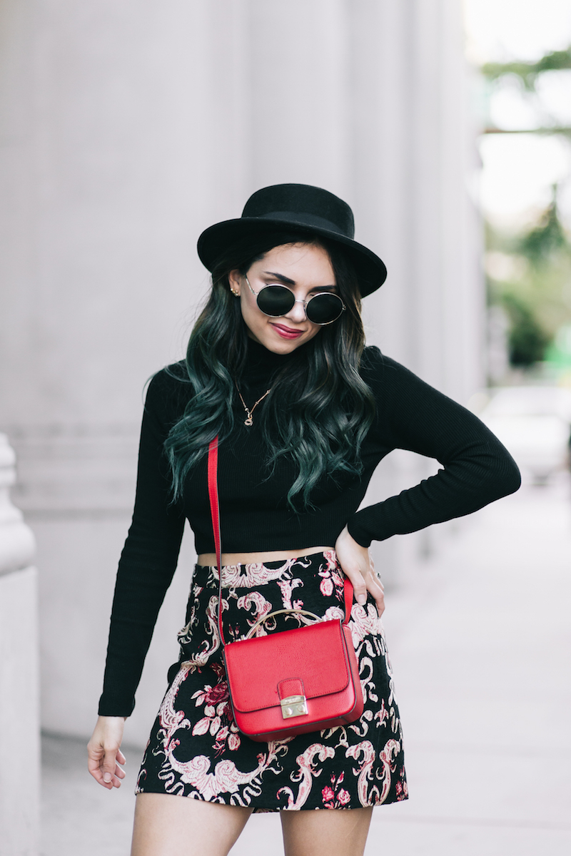 forever 21, fashion, style, embroidered skirt, henri bendel, pop of red, red bag, black hat, round sunglasses, miami fashion blogger, miami winter, black turtleneck, pointy boots, clark usa, nouvel heritage
