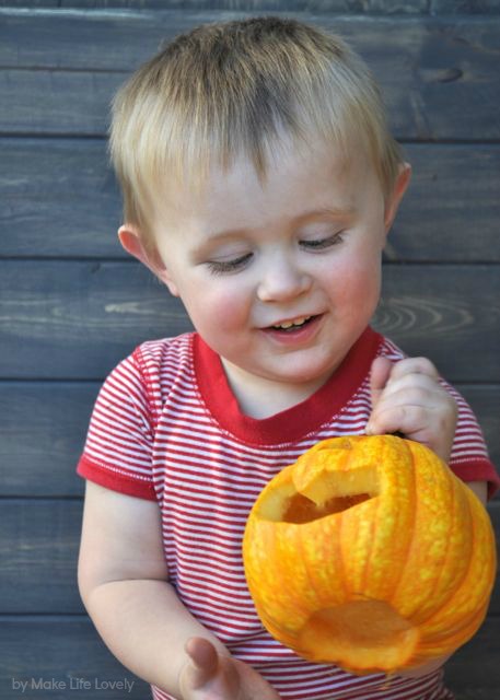 boy holding orange jack o lantern pumpkin